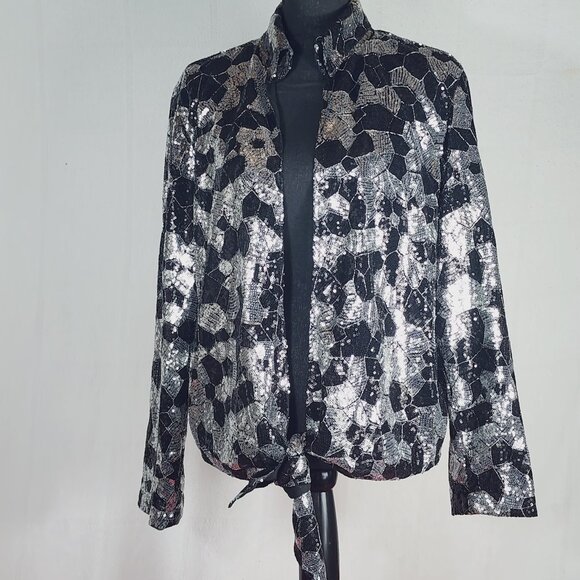 Chico's Black Silver Sequin Twilight Dazzle Tropez Poly Jacket Sz Chico 3 US XL - Picture 1 of 16